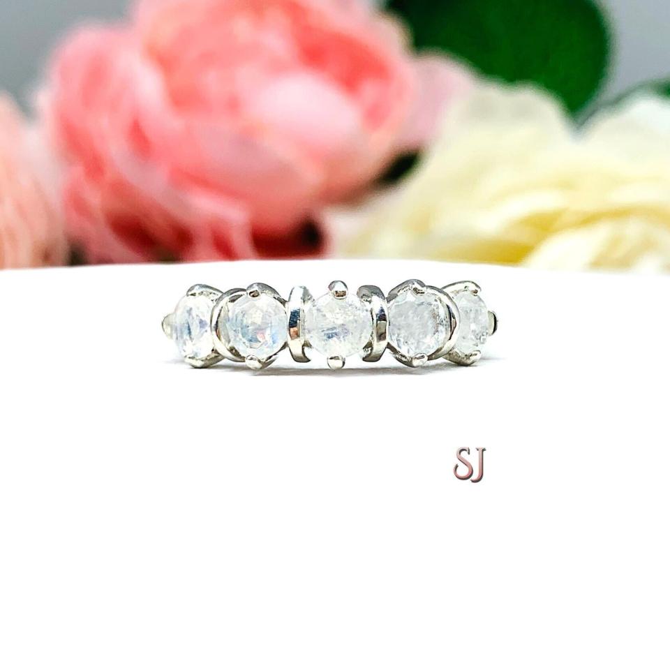 Round-Cut Rainbow Moonstone 5-Stone Ring • 4mm, Sterling Silver, Size 7