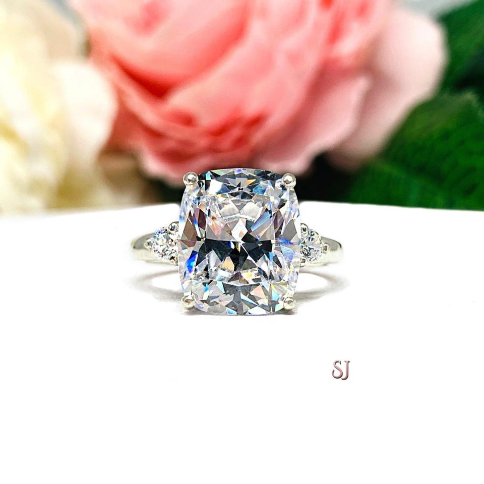 Cushion-Cut CZ 3-Stone Engagement Ring • 12x10mm, Sterling Silver, Size 7
