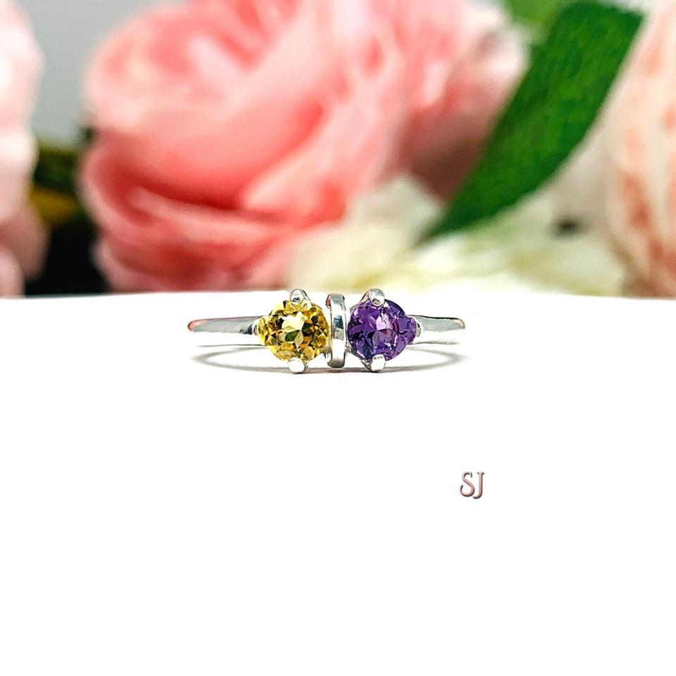 Round-Cut Amethyst & Citrine 2-Stone Mother's Ring • 4mm, Sterling Silver, Size 6
