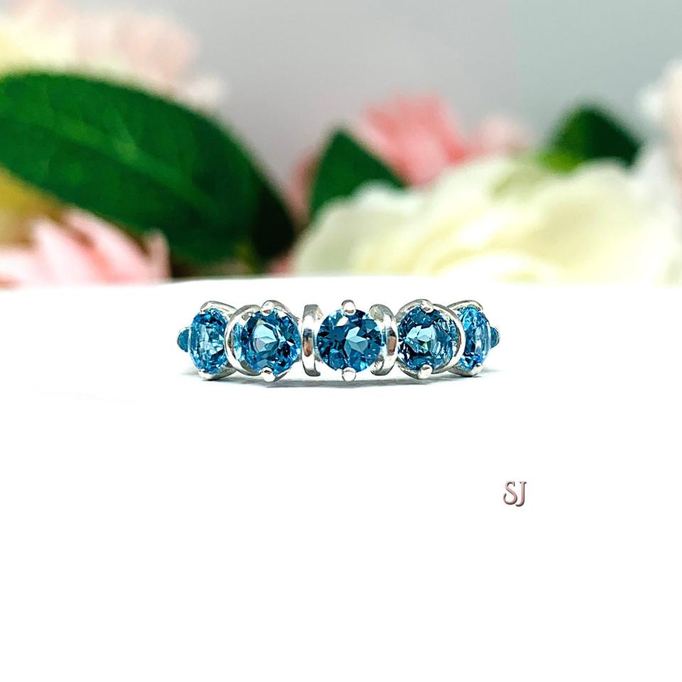 Round-Cut Swiss Blue Topaz 5-Stone Ring • 4mm, Sterling Silver, Size 7