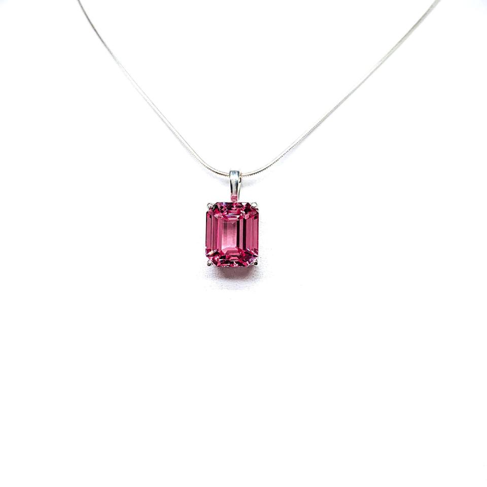 Lab Padparadscha Pink Sapphire Pendant Necklace – 12x10mm, Emerald Cut, Sterling Silver
