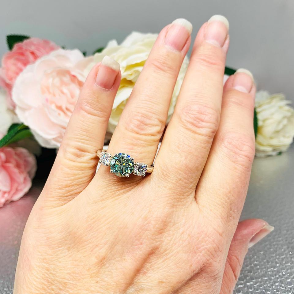 Round Sea Foam Green Moissanite Ring – 9mm, Colorless Accents, Sterling Silver