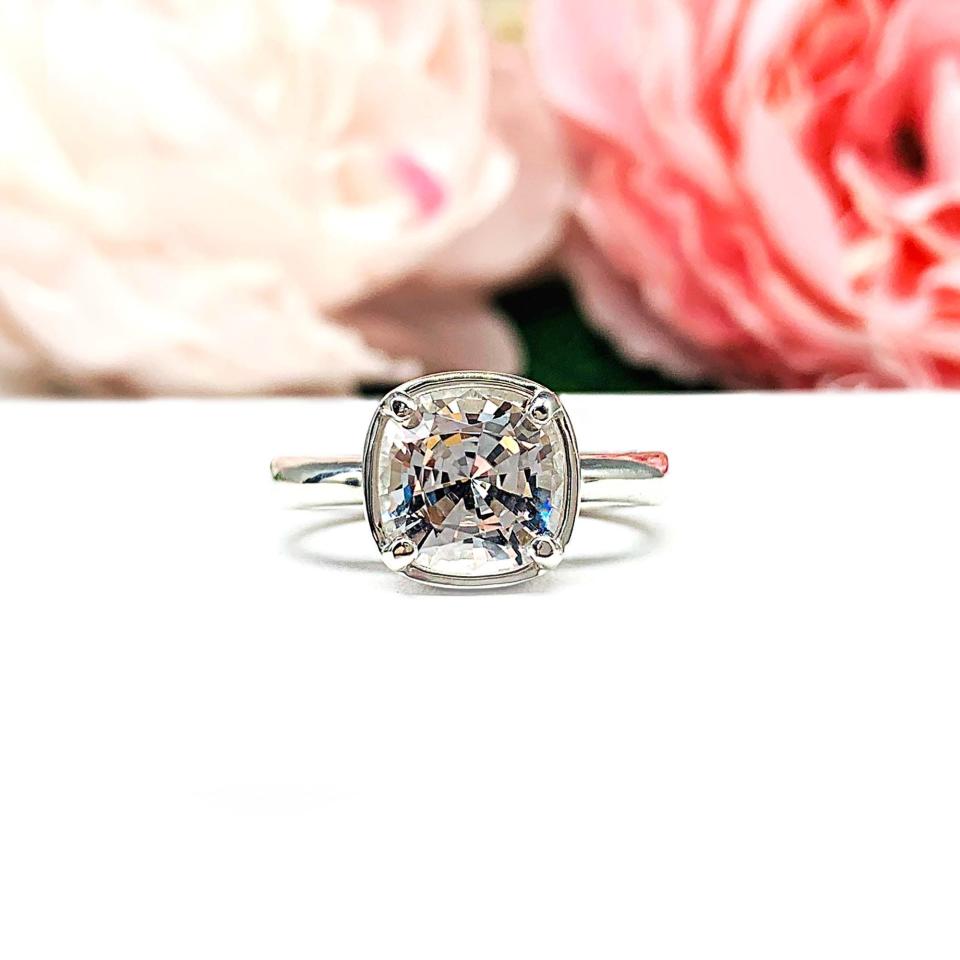 Lab White Sapphire Cushion Bezel Engagement Ring – 8mm, 9mm, Sterling Silver