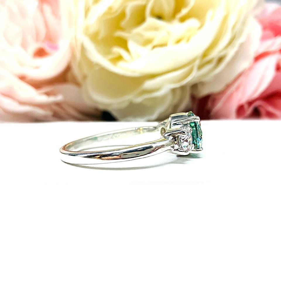 Round Sea Foam Green Moissanite Ring – 9mm, Colorless Accents, Sterling Silver