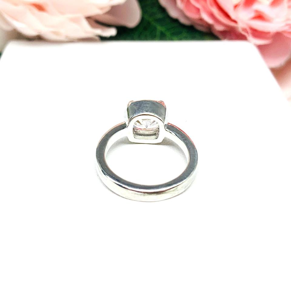 Lab White Sapphire Cushion Bezel Engagement Ring – 8mm, 9mm, Sterling Silver