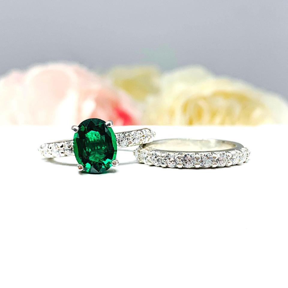 Oval-Cut Lab Emerald & CZ Engagement Ring or Bridal Set • 8x6mm—9x7mm, Sterling Silver