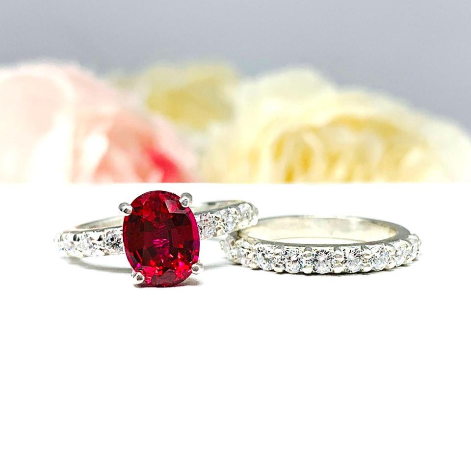 Oval-Cut Lab Ruby & CZ Engagement Ring or Bridal Set • 8x6mm—9x7mm, Sterling Silver