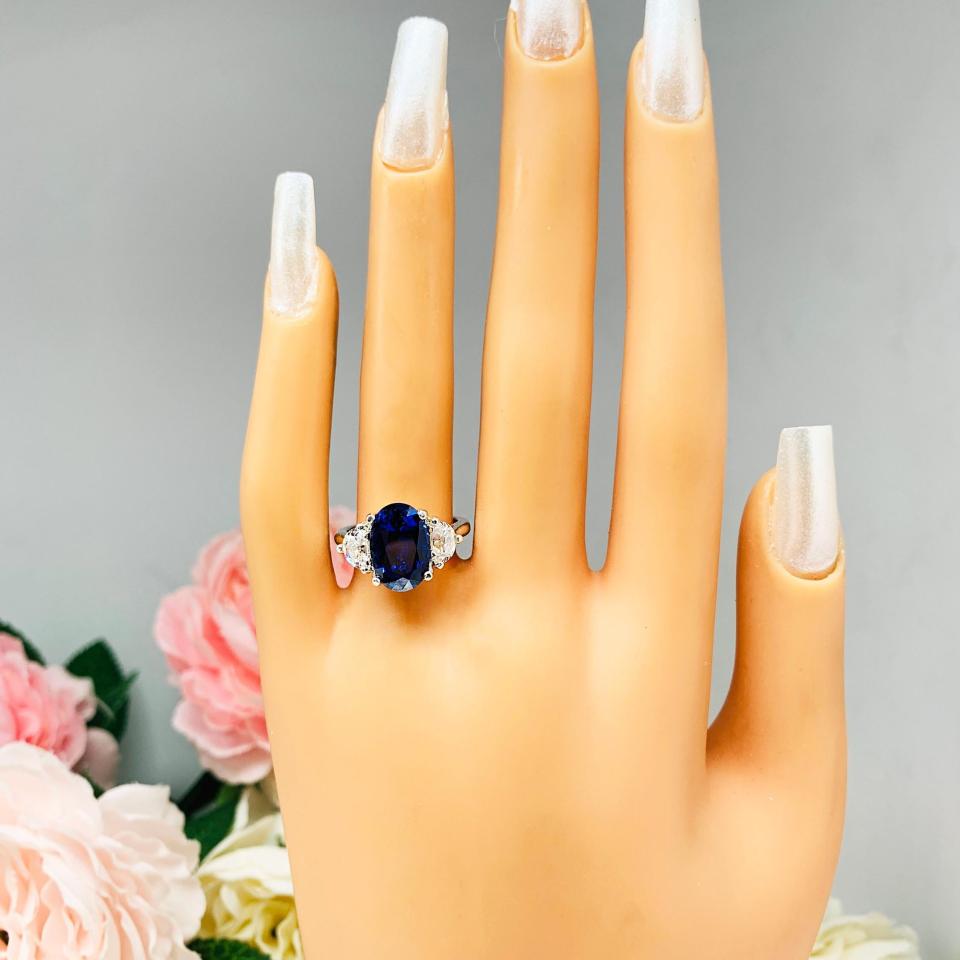 Oval-Cut Lab Blue Sapphire & Half-Moon CZ 3-Stone Ring • 12x8mm, Sterling Silver