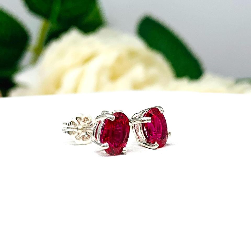 Oval-Cut Lab Ruby Stud Earrings • 7x5mm—9x7mm, Sterling Silver