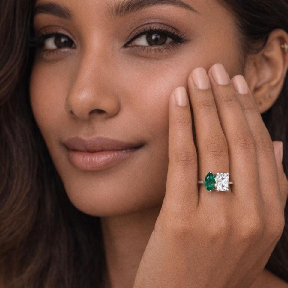 Marquise Emerald & Radiant‑Cut CZ Toi Et Moi Ring • Sterling Silver