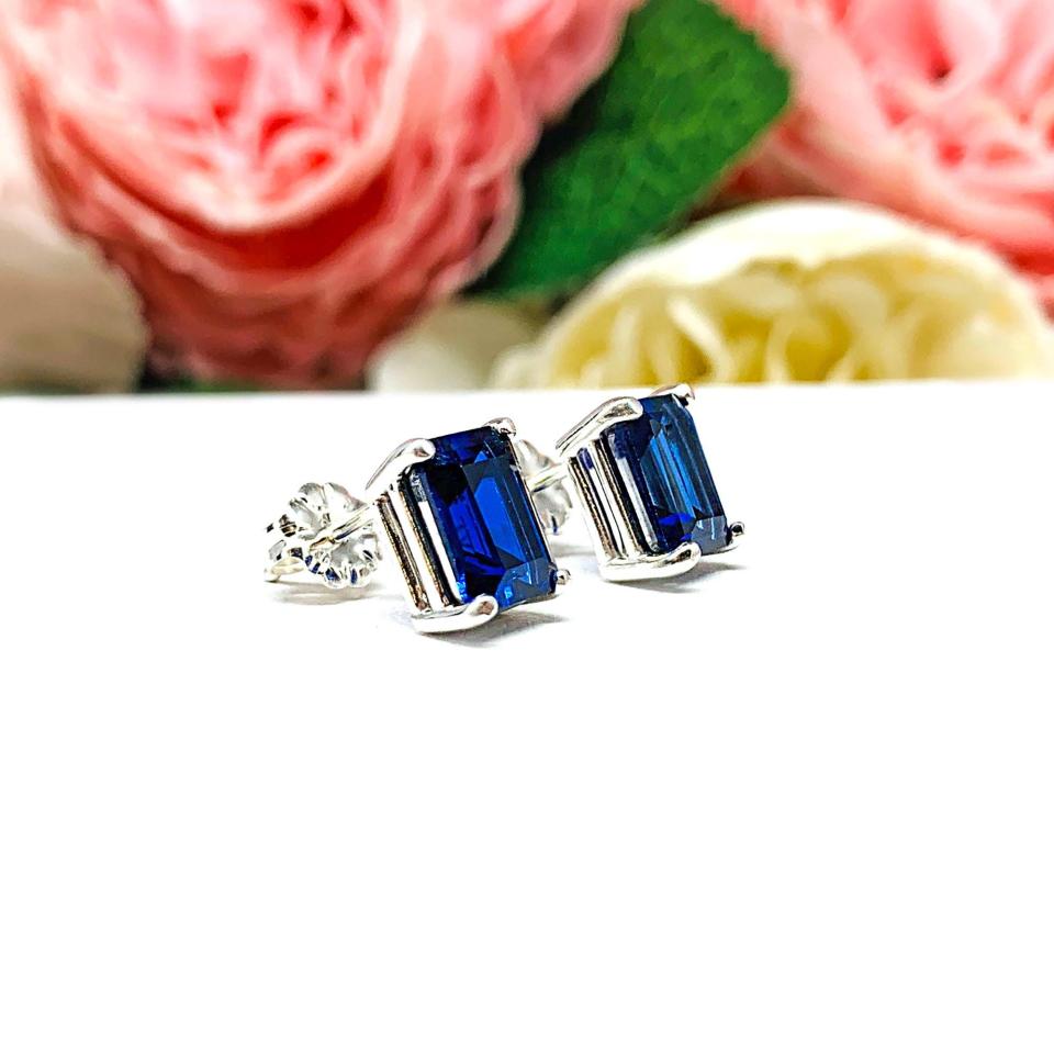 Emerald-Cut Lab Blue Sapphire Stud Earrings • 8x6mm, Sterling Silver