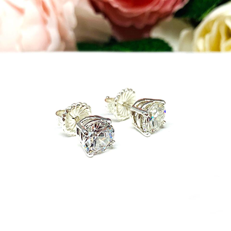 Old European Cut CZ Stud Earrings • 6.5mm—7.5mm, Near Colorless, Sterling Silver, 10k Gold