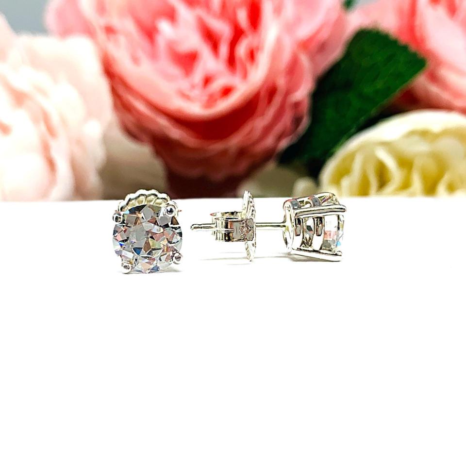 Old European Cut CZ Stud Earrings • 6.5mm—7.5mm, Near Colorless, Sterling Silver, 10k Gold