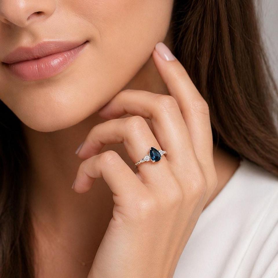 Pear-Cut London Blue Topaz & Moissanite 3-Stone Ring • 10x7mm, 12x8mm, Sterling Silver