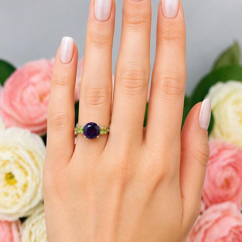 Round-Cut Amethyst & Peridot Pear 3-Stone Ring • 8mm, Sterling Silver