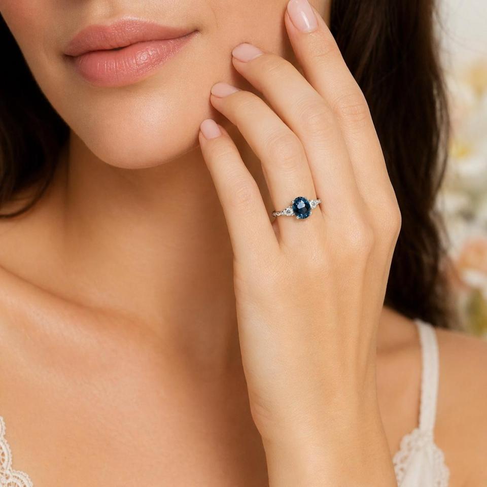 Oval-Cut London Blue Topaz & Moissanite 3-Stone Ring • 8x6mm—10x8mm, Sterling Silver