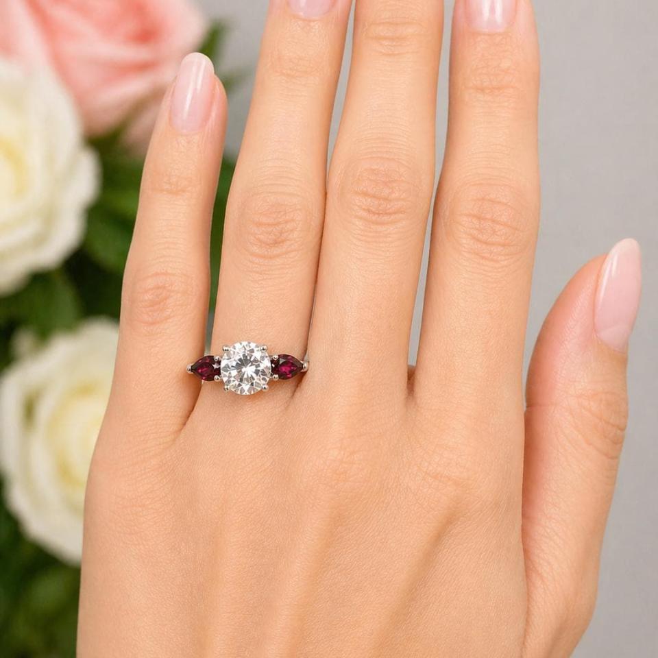 Round-Cut White Topaz & Rhodolite Garnet Pear 3-Stone Ring • 8mm Center, Sterling Silver