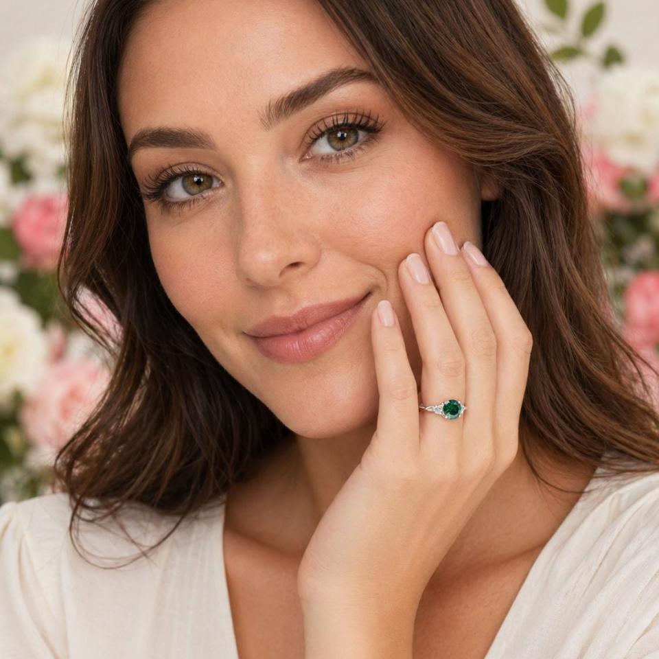 Round-Cut Emerald Green Moissanite 3-Stone Ring • 6mm—8mm, Sterling Silver