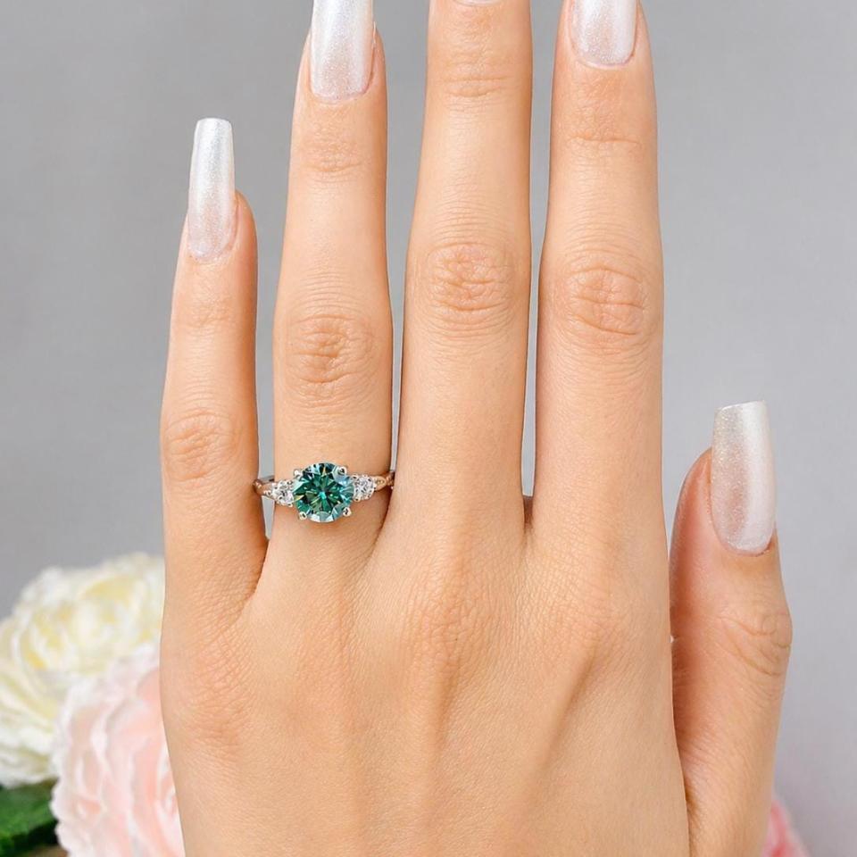 Round-Cut Green Moissanite 3-Stone Ring • 6.5mm—8mm Center, Sterling Silver