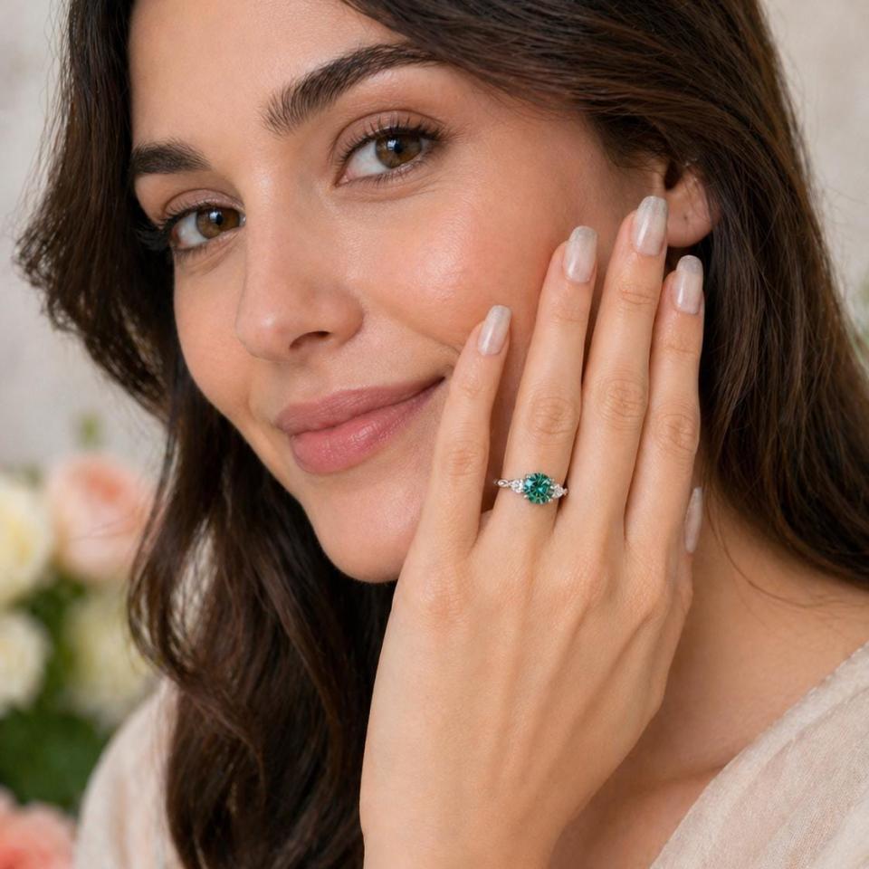 Round-Cut Green Moissanite 3-Stone Ring • 6.5mm—8mm Center, Sterling Silver