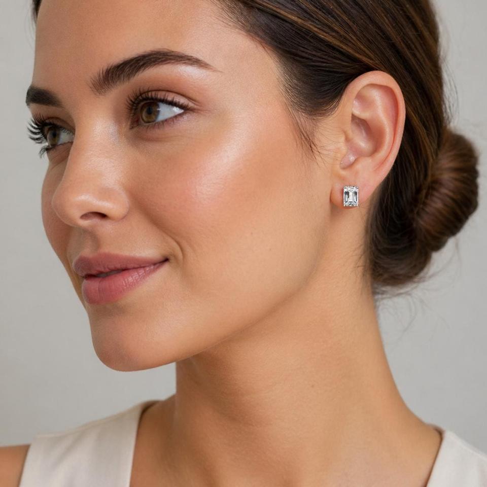 Emerald-Cut Lab White Sapphire Stud Earrings • 8x6mm, Sterling Silver