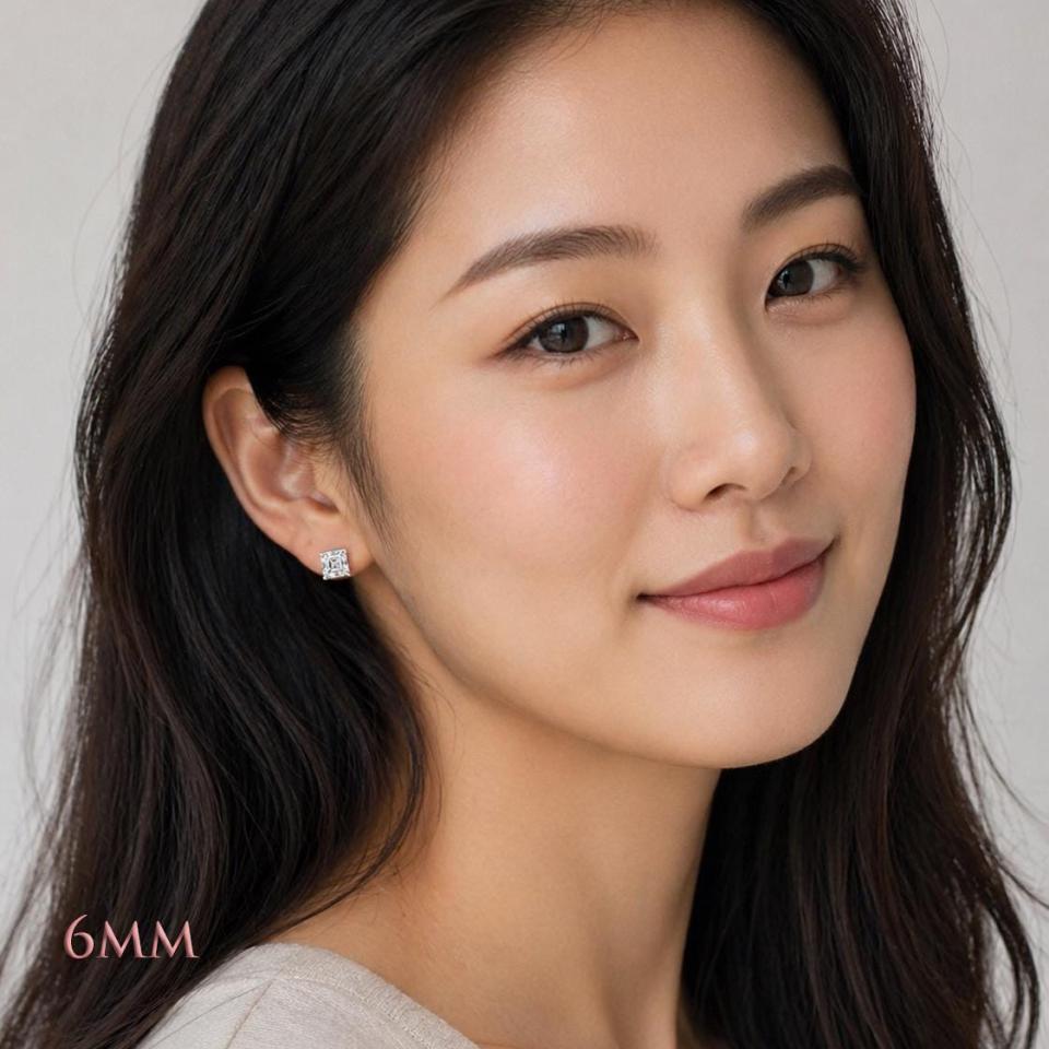 A woman wearing sterling silver 6mm asscher cz stud earrings. Model image for size and styling reference — not a photo of the actual earrings.