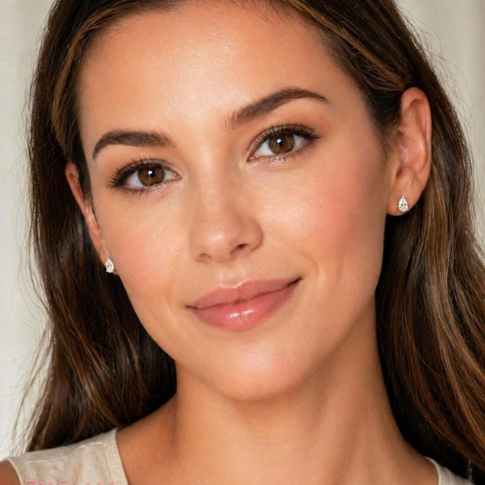 A woman wearing 7x5mm pear-cut cz 3-prong stud earrings. Model image for size and styling reference — not a photo of the actual earrings.