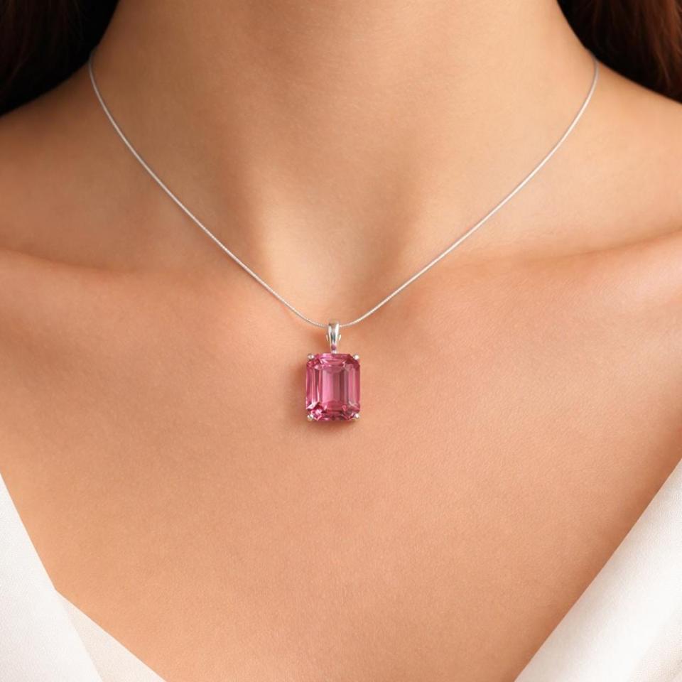 Emerald-Cut Lab Padparadscha Pink Sapphire Pendant or Necklace • 12x10mm, Sterling Silver