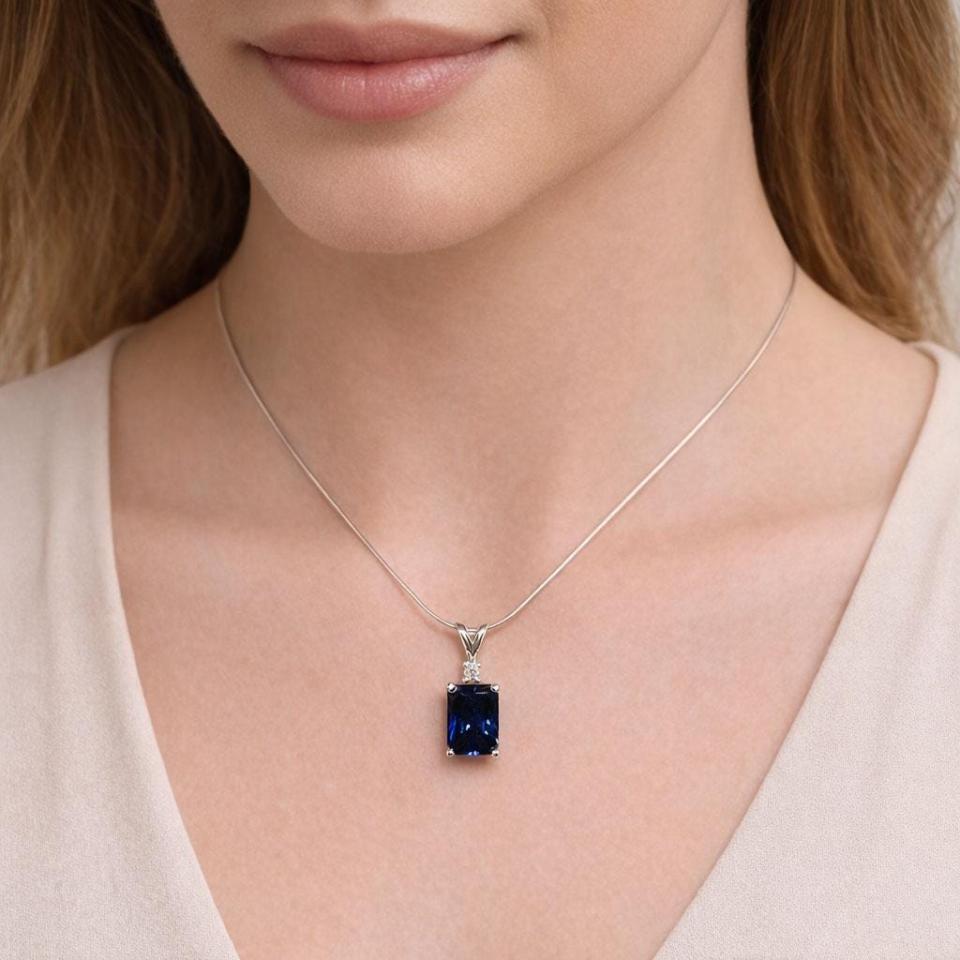Radiant-Cut Lab Blue Sapphire Pendant or Necklace • 9x7mm, Moissanite Accent, Sterling Silver