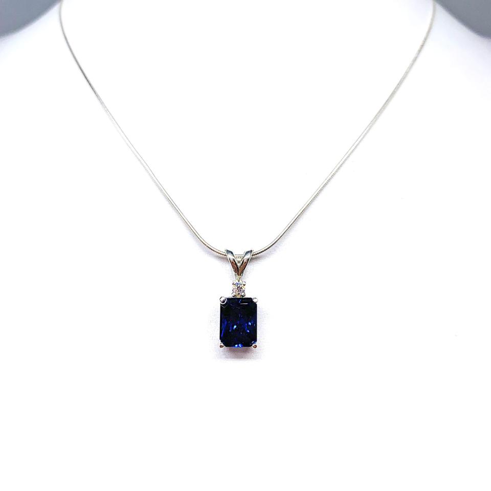 Radiant-Cut Lab Blue Sapphire Pendant or Necklace • 9x7mm, Moissanite Accent, Sterling Silver