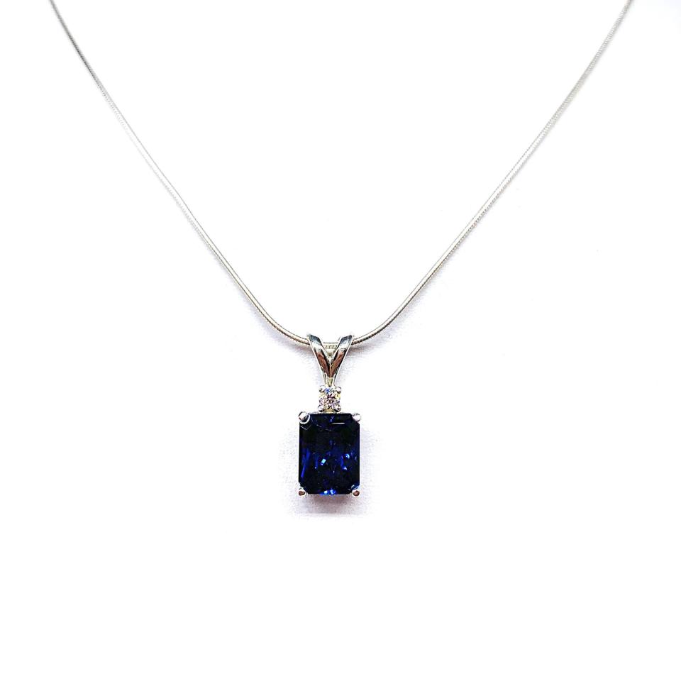 Radiant-Cut Lab Blue Sapphire Pendant or Necklace • 9x7mm, Moissanite Accent, Sterling Silver