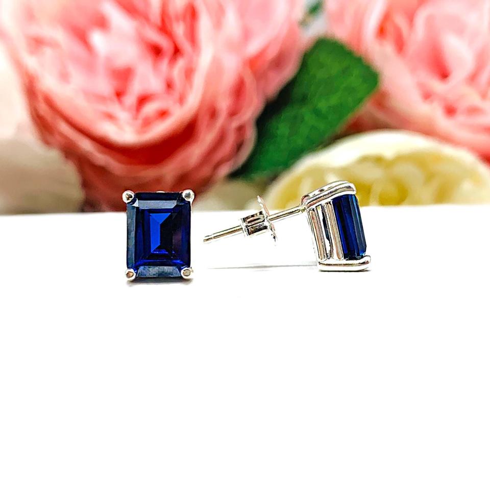 Emerald-Cut Lab Blue Sapphire Stud Earrings • 8x6mm, Sterling Silver
