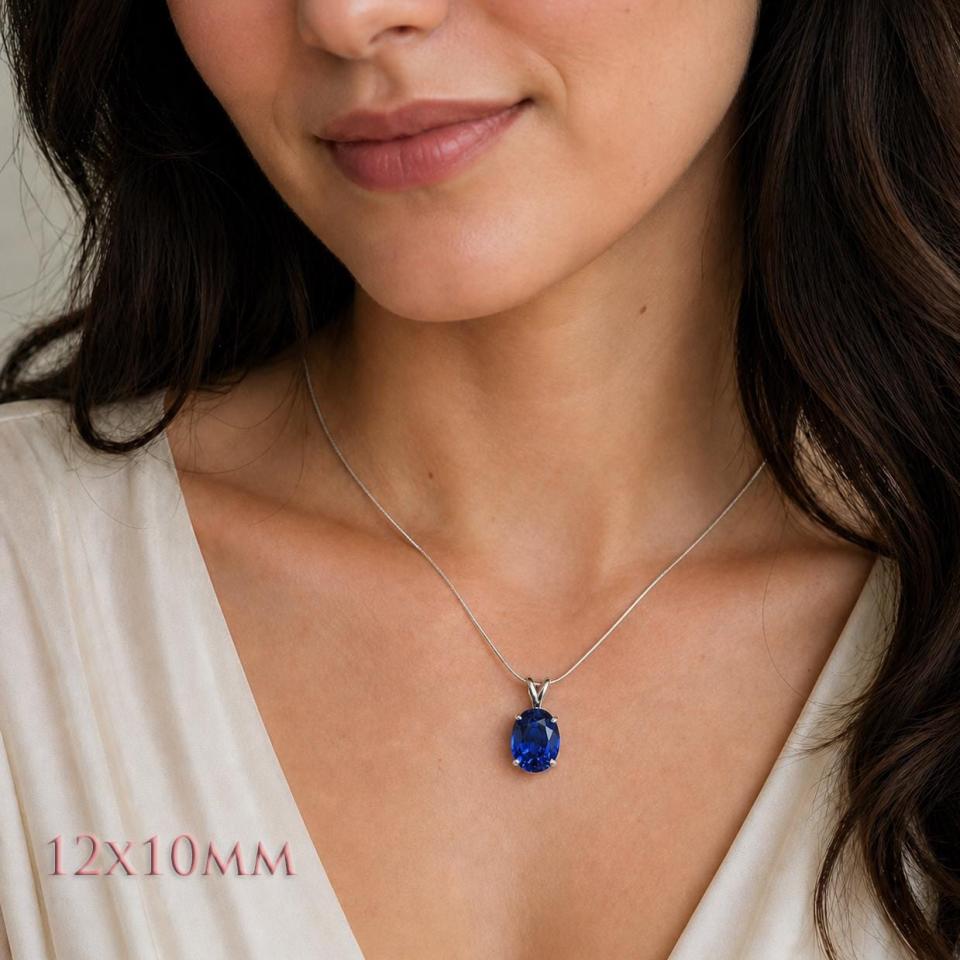 Oval-Cut Lab Blue Sapphire Pendant or Necklace • 8x6mm—14x10mm, Sterling silver