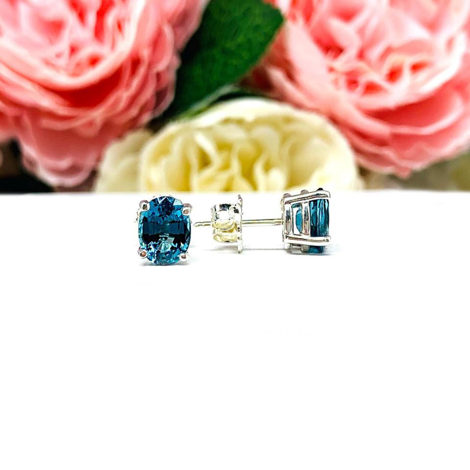 Oval-Cut Teal Blue Lab Gemstone Stud Earrings • 8x6mm, 9x7mm, Sterling Silver