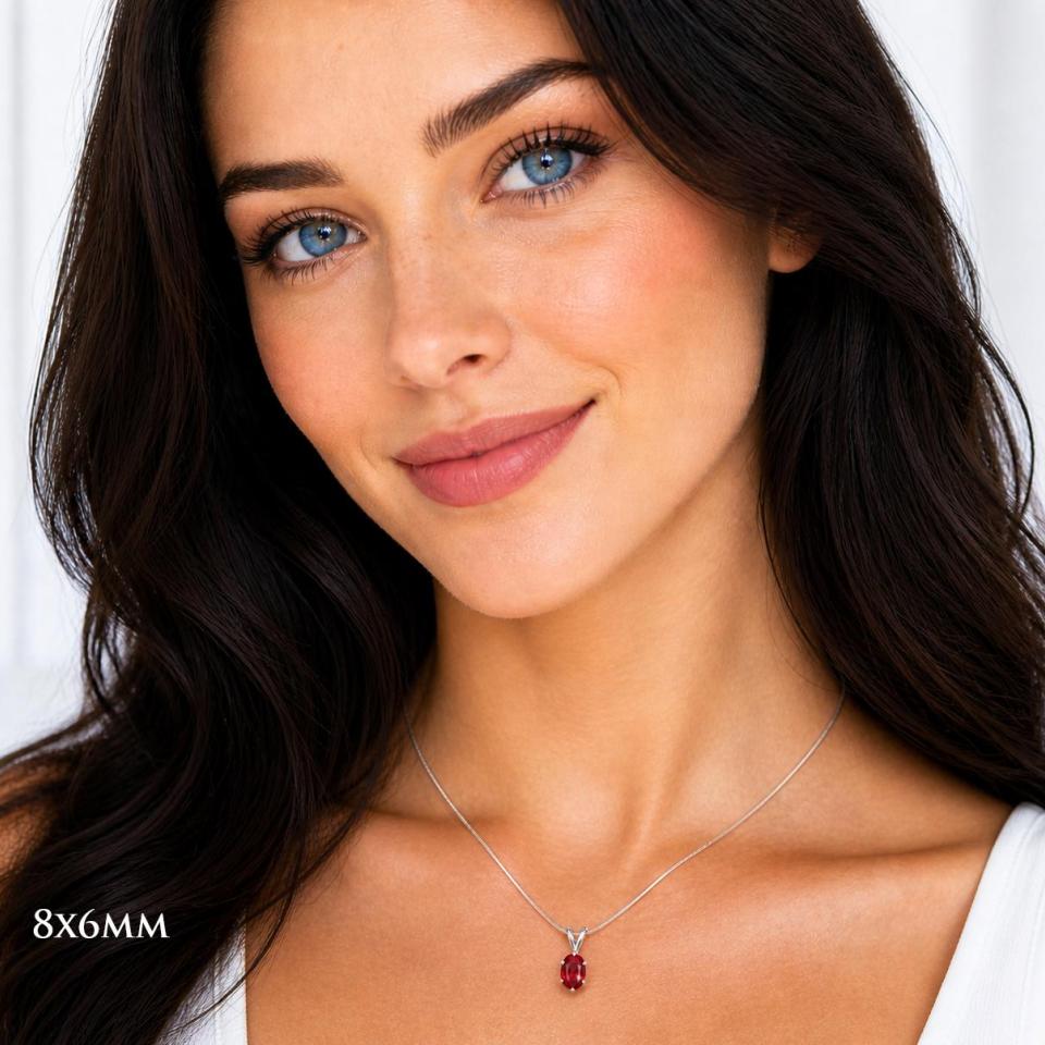 Oval-Cut Lab Ruby Pendant or Necklace • 8x6mm—10x8mm, Sterling Silver, 6-Prong