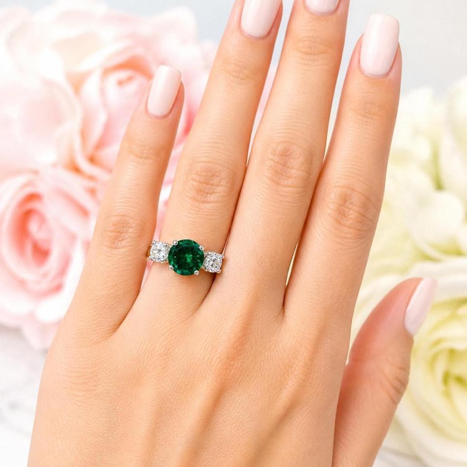 Round-Cut Lab Emerald & CZ 3-Stone Ring • 6mm—9mm Center, Sterling Silver