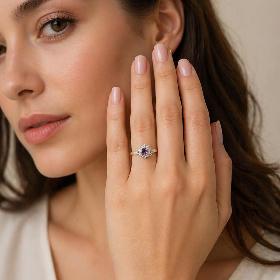 Round-Cut Birthstone Rose Solitaire Ring • 4mm, Sterling Silver
