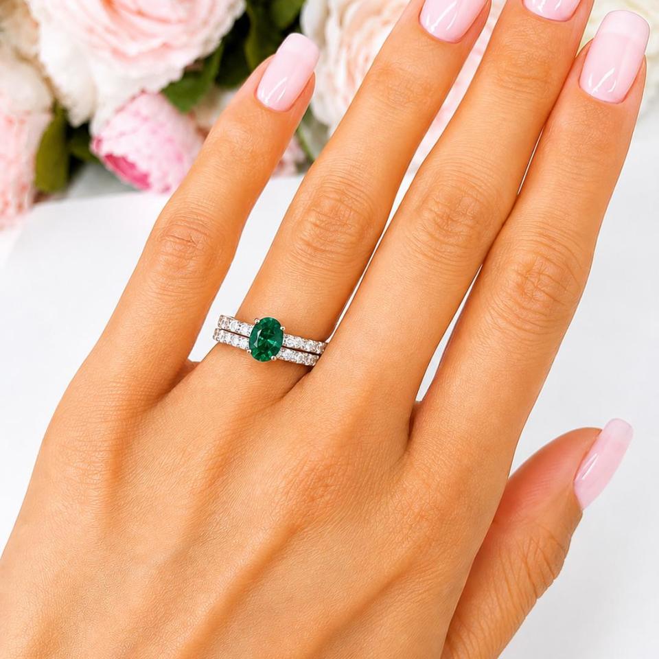 Oval-Cut Lab Emerald & CZ Engagement Ring or Bridal Set • 8x6mm—9x7mm, Sterling Silver