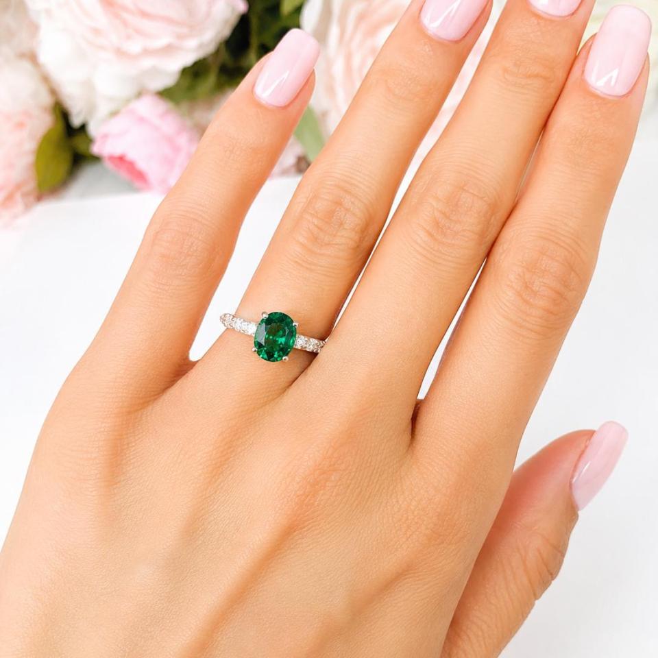 Oval-Cut Lab Emerald & CZ Engagement Ring or Bridal Set • 8x6mm—9x7mm, Sterling Silver