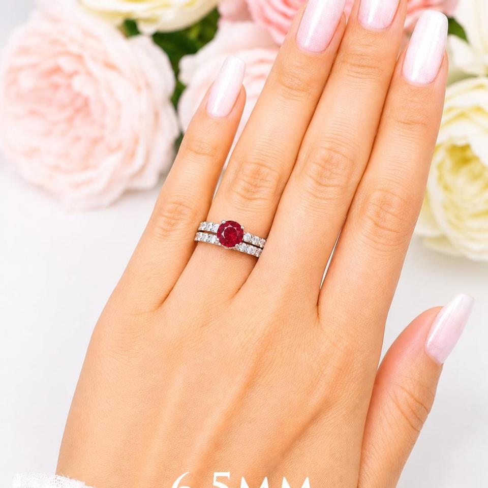 Round-Cut Lab Ruby & CZ Engagement Ring or Bridal Set • 6.5mm–8mm, Sterling Silver