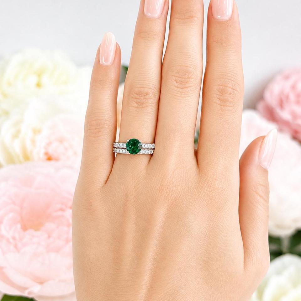 Round-Cut Lab Emerald CZ Engagement Ring or Bridal Set – 6.5–8mm, Sterling Silver