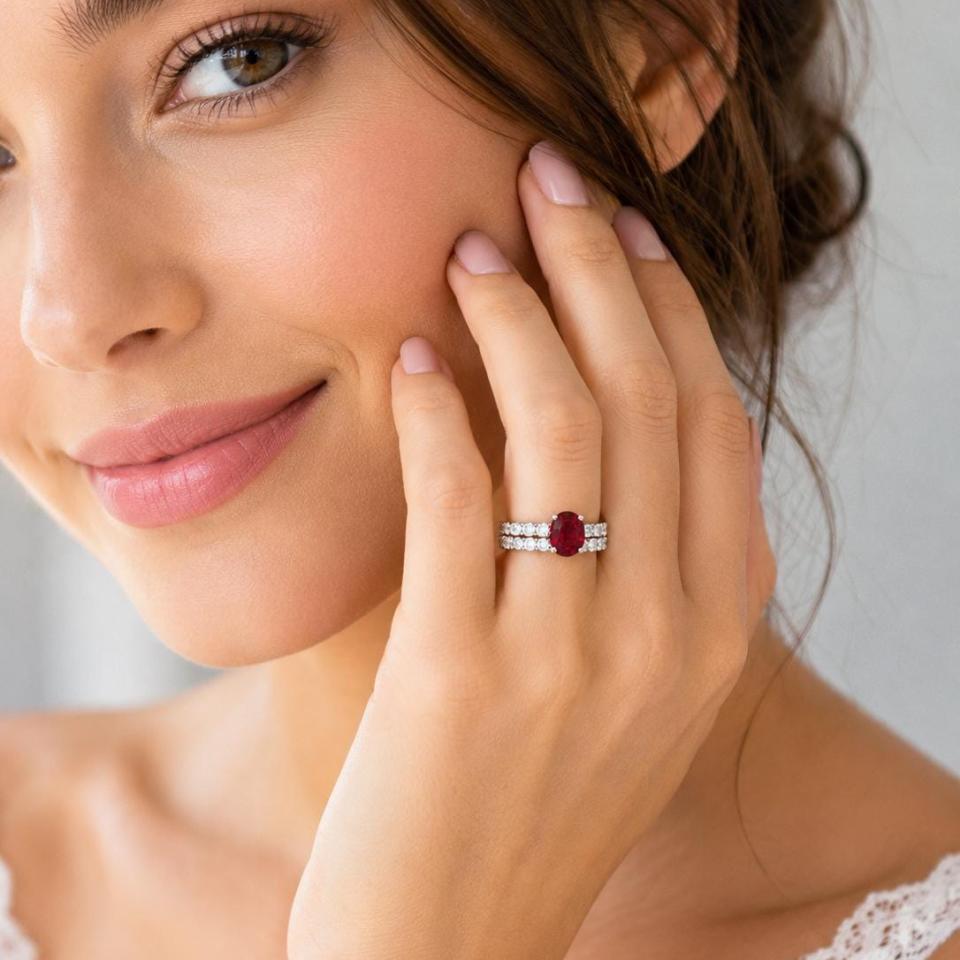 Oval-Cut Lab Ruby & CZ Engagement Ring or Bridal Set • 8x6mm—9x7mm, Sterling Silver