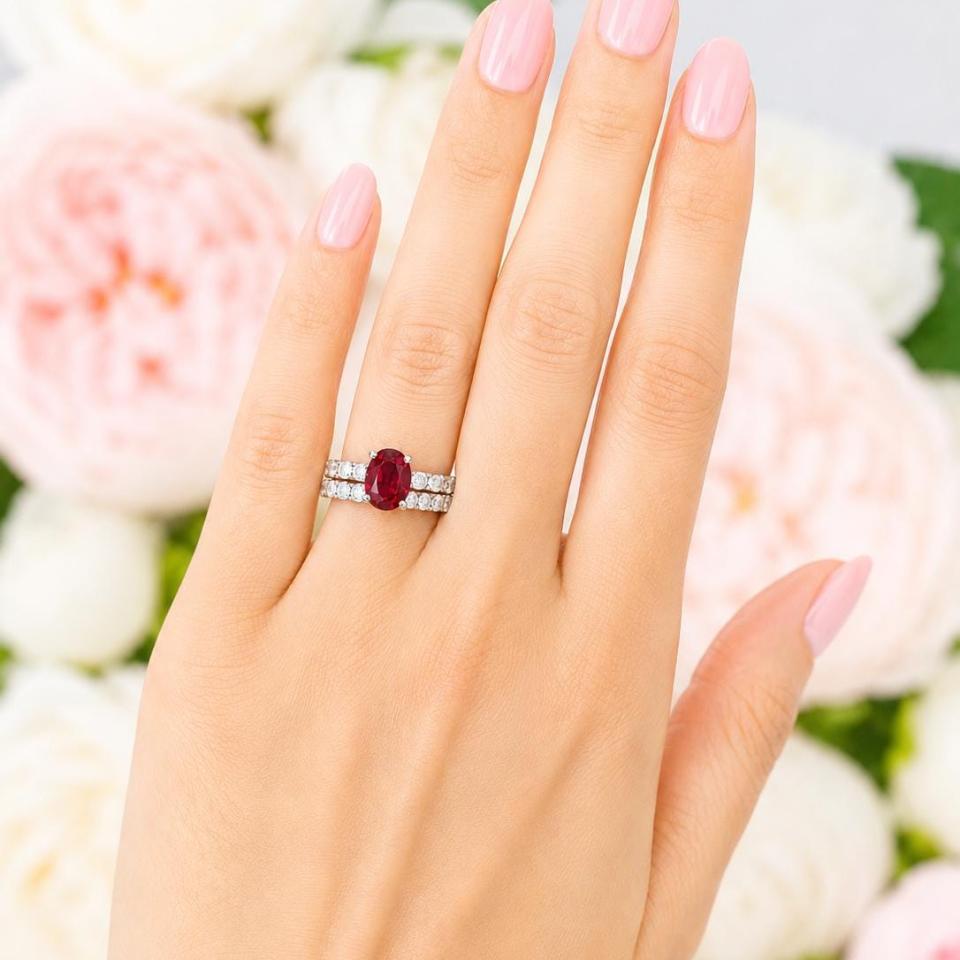 Oval-Cut Lab Ruby & CZ Engagement Ring or Bridal Set • 8x6mm—9x7mm, Sterling Silver