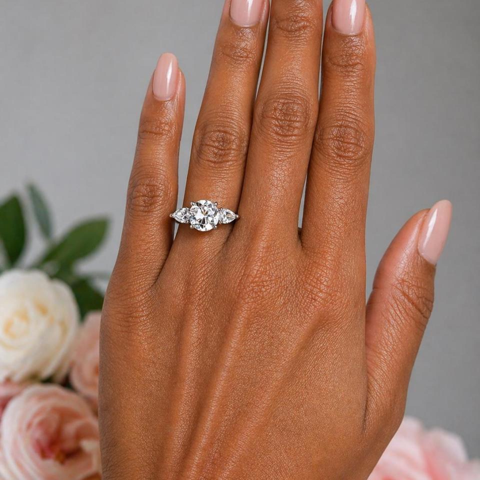 Round & Pear-Cut White Topaz 3-Stone Ring • 8mm, Sterling Silver