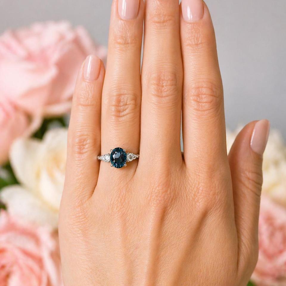 Oval-Cut London Blue Topaz & Moissanite 3-Stone Ring • 8x6mm—10x8mm, Sterling Silver