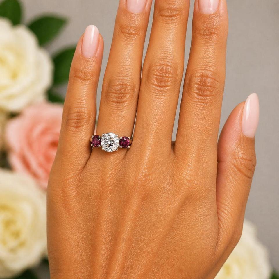 Round-Cut White Topaz & Garnet 3-Stone Ring • 8mm Center, Sterling Silver