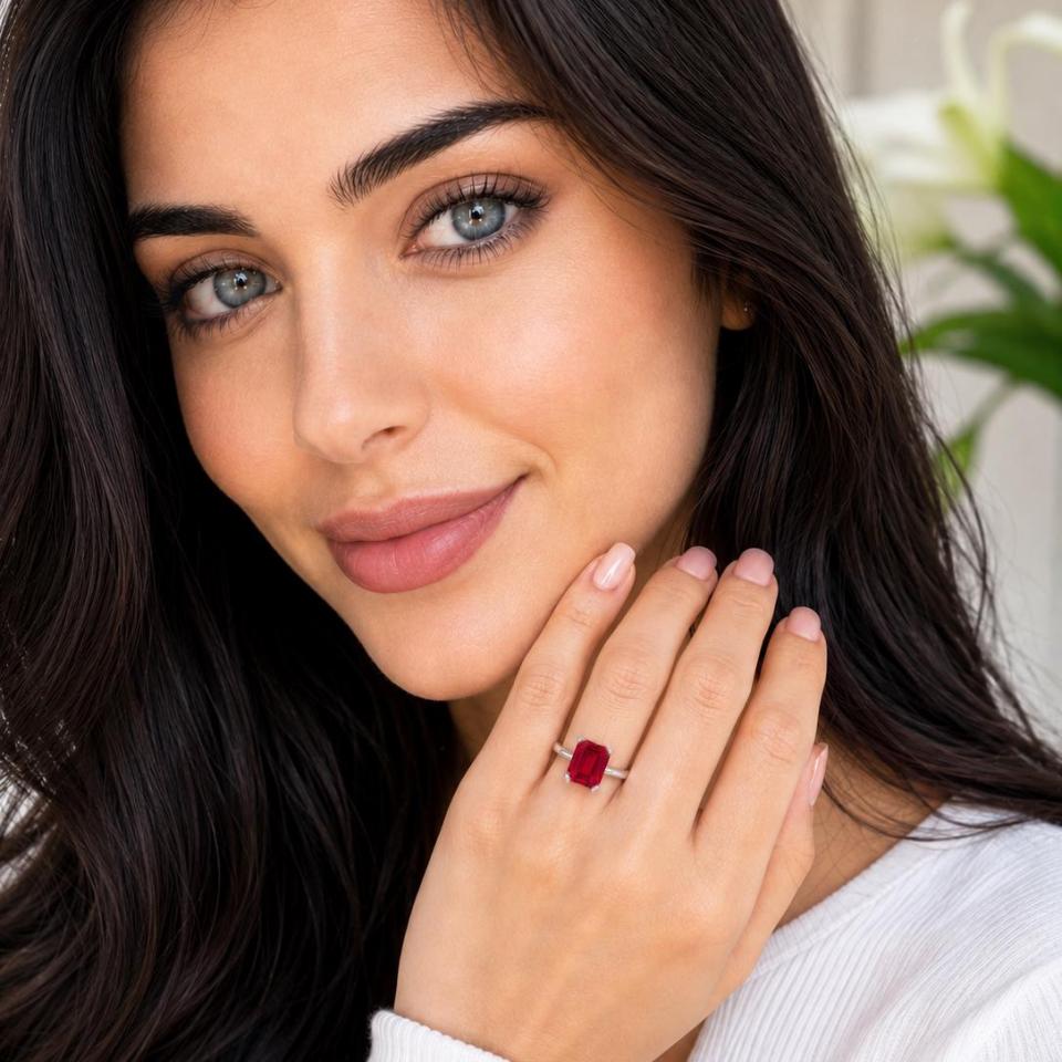 Emerald-Cut Lab Ruby Ring • 10x8mm—12x10mm, Sterling Silver