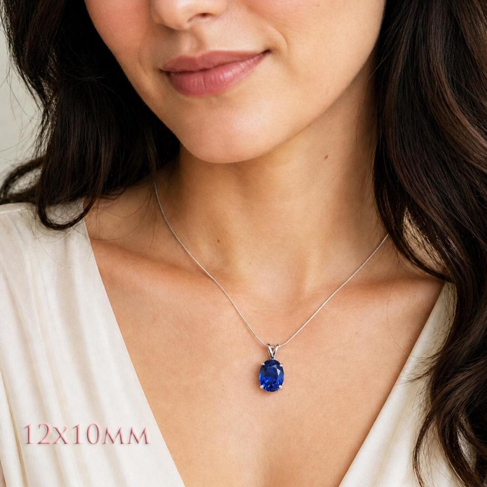 Oval-Cut Lab Blue Sapphire Pendant or Necklace • 8x6mm—14x10mm, Sterling silver