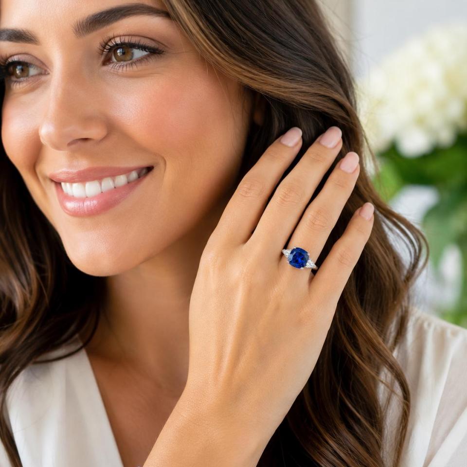 Cushion-Cut Lab Blue Sapphire & Trillion-Cut CZ Ring • 8mm—10mm, Sterling Silver