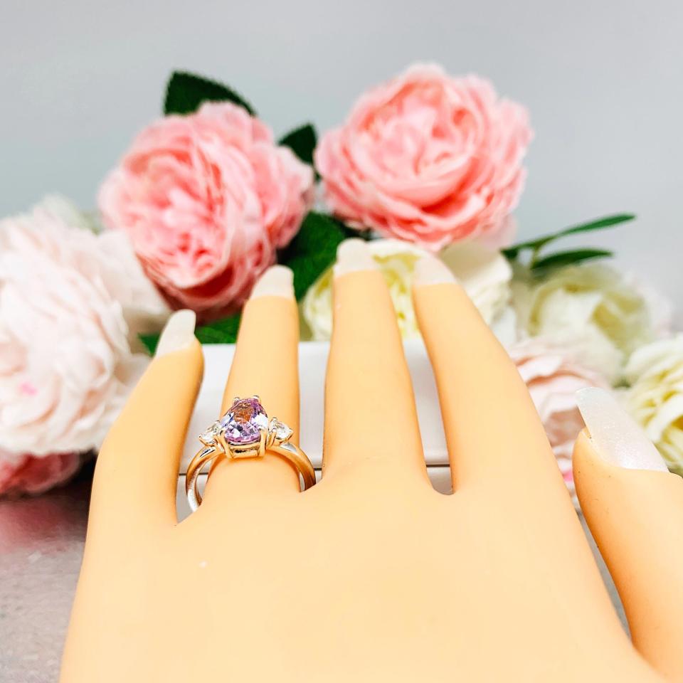 Pear-Cut Rose de France Amethyst & Rainbow Moonstone Ring • 10x7mm, Sterling Silver